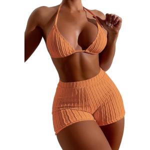 imageSOLY HUX Womens 2 Piece Swimsuits Halter Triangle Top with Shorts Bikini Set Bathing SuitsSolid Orange