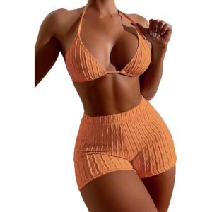 imageSOLY HUX Womens 2 Piece Swimsuits Halter Triangle Top with Shorts Bikini Set Bathing SuitsSolid Orange Pure Orange