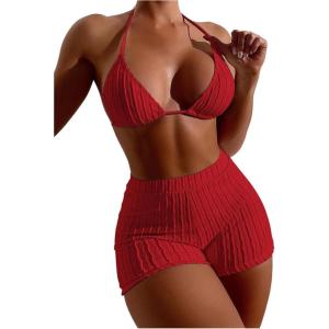 imageSOLY HUX Womens 2 Piece Swimsuits Halter Triangle Top with Shorts Bikini Set Bathing SuitsSolid Red