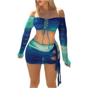 imageSOLY HUX Womens 3 Piece Bathing Suit Gradient Off Shoulder Long Sleeve Swimsuit Bikini Sets with Beach SkirtBlue Ombre