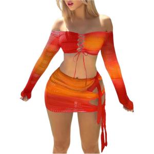 imageSOLY HUX Womens 3 Piece Bathing Suit Gradient Off Shoulder Long Sleeve Swimsuit Bikini Sets with Beach SkirtOrange Ombre
