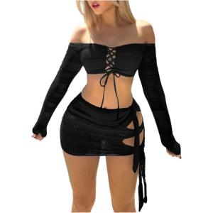 imageSOLY HUX Womens 3 Piece Bathing Suit Gradient Off Shoulder Long Sleeve Swimsuit Bikini Sets with Beach SkirtSolid Black