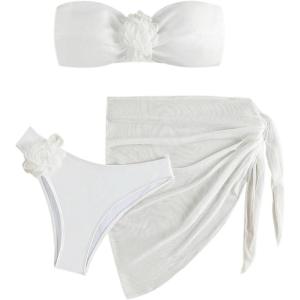 imageSOLY HUX Womens 3 Piece Swimsuit Floral Appliques Bandeau Bikini Sets Bathing Suit with Beach SkirtSolid White