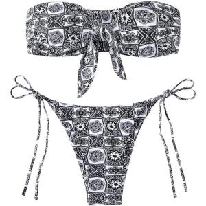 imageSOLY HUX Womens All Over Print Bandeau Bikini Sets Knot Front Tie Side Bathing Suits Two Piece SwimsuitBlack and White Floral