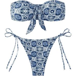 imageSOLY HUX Womens All Over Print Bandeau Bikini Sets Knot Front Tie Side Bathing Suits Two Piece SwimsuitBlue Floral