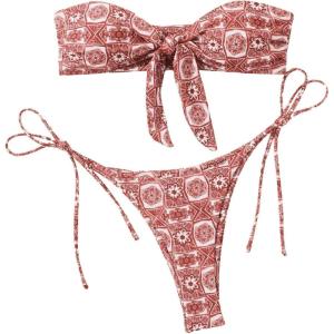 imageSOLY HUX Womens All Over Print Bandeau Bikini Sets Knot Front Tie Side Bathing Suits Two Piece SwimsuitBurgundy Floral