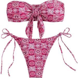 imageSOLY HUX Womens All Over Print Bandeau Bikini Sets Knot Front Tie Side Bathing Suits Two Piece SwimsuitHotpink Floral