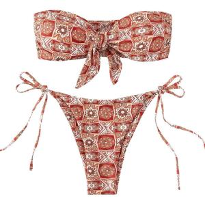 imageSOLY HUX Womens All Over Print Bandeau Bikini Sets Knot Front Tie Side Bathing Suits Two Piece SwimsuitMulticoloured Printed