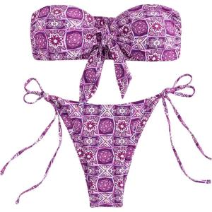 imageSOLY HUX Womens All Over Print Bandeau Bikini Sets Knot Front Tie Side Bathing Suits Two Piece SwimsuitPurple Floral