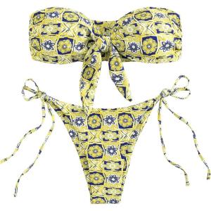 imageSOLY HUX Womens All Over Print Bandeau Bikini Sets Knot Front Tie Side Bathing Suits Two Piece SwimsuitYellow Floral