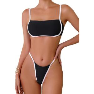 imageSOLY HUX Womens Contrast Binding Tie Back Bikini Set 2 Piece Swimsuit Bathing SuitsPlain Black