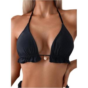 imageSOLY HUX Womens Halter Bikini Tops Frill Trim Triangle Bathing Suit Swimsuit TopsPlain Black