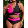 imageSOLY HUX Womens Plus Size Swimsuit Color Block Halter Criss Cross Bikini Sets Two Piece Bathing SuitBlack and Hotpink