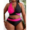 imageSOLY HUX Womens Plus Size Swimsuit Color Block Halter Criss Cross Bikini Sets Two Piece Bathing SuitBlack and Hotpink