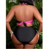 imageSOLY HUX Womens Plus Size Swimsuit Color Block Halter Criss Cross Bikini Sets Two Piece Bathing SuitBlack and Hotpink