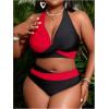 imageSOLY HUX Womens Plus Size Swimsuit Color Block Halter Criss Cross Bikini Sets Two Piece Bathing SuitBlack and Red