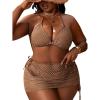 imageSOLY HUX Womens 3 Piece Swimsuits Plus Size Halter Triangle Tie Side Bikini Sets Bathing Suit with Beach SkirtPure Coffee Brown