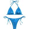 imageSOLY HUX Womens Metallic Halter Top Two Piece Swimsuit Tie Side Triangle Thong Bikini Bathing SwimwearPlain Blue Metallic
