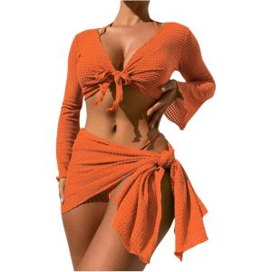 imageSOLY HUX Bathing Suit for Women 4 Piece Halter Triangle Bikini Sets Swimsuit with Cover UpPlain Orange