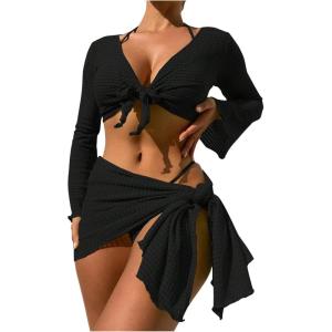 imageSOLY HUX Bathing Suit for Women 4 Piece Halter Triangle Bikini Sets Swimsuit with Cover UpPure Black