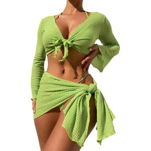 imageSOLY HUX Bathing Suit for Women 4 Piece Halter Triangle Bikini Sets Swimsuit with Cover UpPure Lime Green