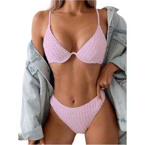 imageSOLY HUX Bikini Sets for Women Underwire Bikini Textured Bathing Suits Two Piece SwimsuitPlain Pink