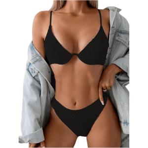 imageSOLY HUX Bikini Sets for Women Underwire Bikini Textured Bathing Suits Two Piece SwimsuitSolid Black