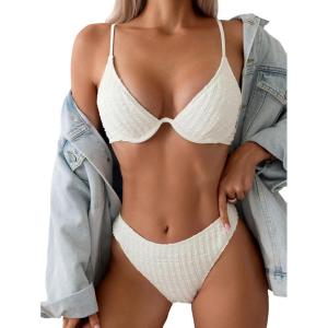 imageSOLY HUX Bikini Sets for Women Underwire Bikini Textured Bathing Suits Two Piece SwimsuitSolid White