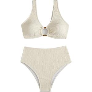 imageSOLY HUX Womens 2 Piece Bikini Set Ring Linked High Waisted Textured Bathing Suit SwimwearBeige
