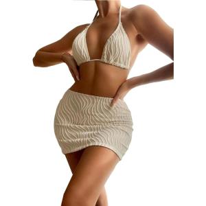imageSOLY HUX Womens 3 Piece Swimsuit Halter Triangle Tie Back Bikini Sets Bathing Suit with Beach SkirtSolid Beige
