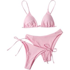 imageSOLY HUX Womens 3 Piece Swimsuit Triangle Tie Side Bikini Sets Bathing Suit with ThongPlain Light Pink
