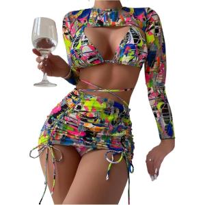 imageSOLY HUX Womens 4 Piece Swimsuits Print Halter Bikini Set Bathing Suits with Cover UpMulticoloured