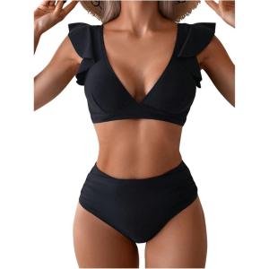 imageSOLY HUX Womens Bathing Suit V Neck Ruffle High Waisted Bikini Sets Two Piece SwimsuitPure Black