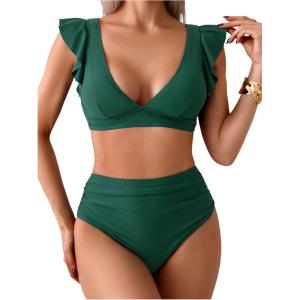 imageSOLY HUX Womens Bathing Suit V Neck Ruffle High Waisted Bikini Sets Two Piece SwimsuitSolid Army Green