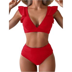 imageSOLY HUX Womens Bathing Suit V Neck Ruffle High Waisted Bikini Sets Two Piece SwimsuitSolid Red
