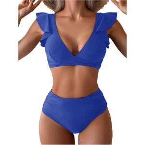 imageSOLY HUX Womens Bathing Suit V Neck Ruffle High Waisted Bikini Sets Two Piece SwimsuitSolid Royal Blue
