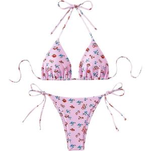 imageSOLY HUX Womens Bikini Sets Cherry Print Halter Triangle Tie Side Bathing Suits 2 Piece SwimsuitPink Cherry