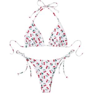 imageSOLY HUX Womens Bikini Sets Cherry Print Halter Triangle Tie Side Bathing Suits 2 Piece SwimsuitWhite Cherry