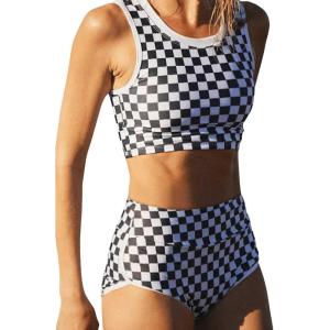 imageSOLY HUX Womens Bikini Sets Plaid High Waisted Bathing Suits Two Piece SwimsuitBlack and White Checkered
