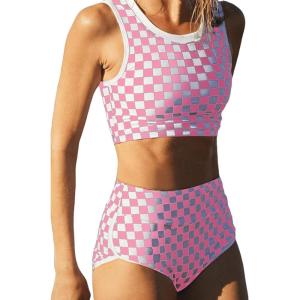 imageSOLY HUX Womens Bikini Sets Plaid High Waisted Bathing Suits Two Piece SwimsuitPink Checkered