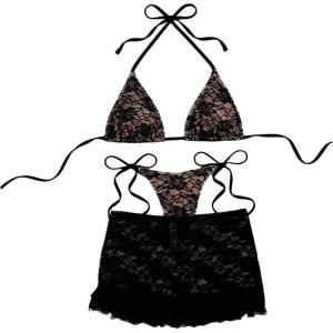 imageSOLY HUX Womens Cheeky Swimsuits Floral Lace Halter Bikini Set Bathing Suits with Cover Up SkirtsBlack Floral
