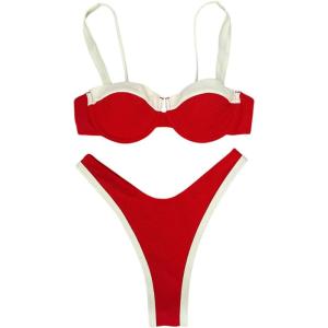 imageSOLY HUX Womens Color Block Bikini Sets 2 Piece Bathing Suits High Cut Cheeky SwimsuitsRed and White