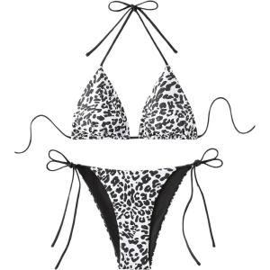 imageSOLY HUX Womens Leopard Print Bikini Sets Halter Triangle Tie Side Two Piece Swimsuit Bathing SuitsBlack and White Leopard