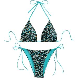 imageSOLY HUX Womens Leopard Print Bikini Sets Halter Triangle Tie Side Two Piece Swimsuit Bathing SuitsBlue Leopard