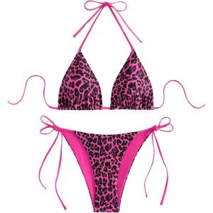 imageSOLY HUX Womens Leopard Print Bikini Sets Halter Triangle Tie Side Two Piece Swimsuit Bathing SuitsHotpink Leopard