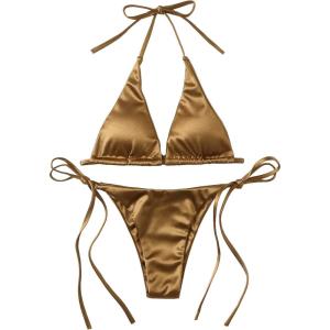 imageSOLY HUX Womens Metallic Halter Top Two Piece Swimsuit Tie Side Triangle Thong Bikini Bathing SwimwearGold