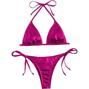 imageSOLY HUX Womens Metallic Halter Top Two Piece Swimsuit Tie Side Triangle Thong Bikini Bathing SwimwearHotpink Plain