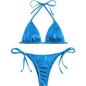 imageSOLY HUX Womens Metallic Halter Top Two Piece Swimsuit Tie Side Triangle Thong Bikini Bathing SwimwearPlain Blue Metallic