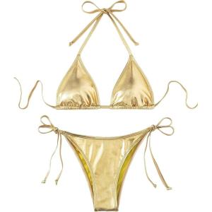 imageSOLY HUX Womens Metallic Halter Top Two Piece Swimsuit Tie Side Triangle Thong Bikini Bathing SwimwearPlain Golid Metallic