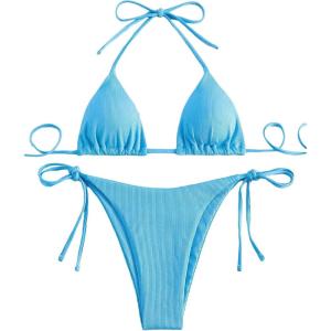 imageSOLY HUX Womens Metallic Halter Top Two Piece Swimsuit Tie Side Triangle Thong Bikini Bathing SwimwearPlain Light Blue